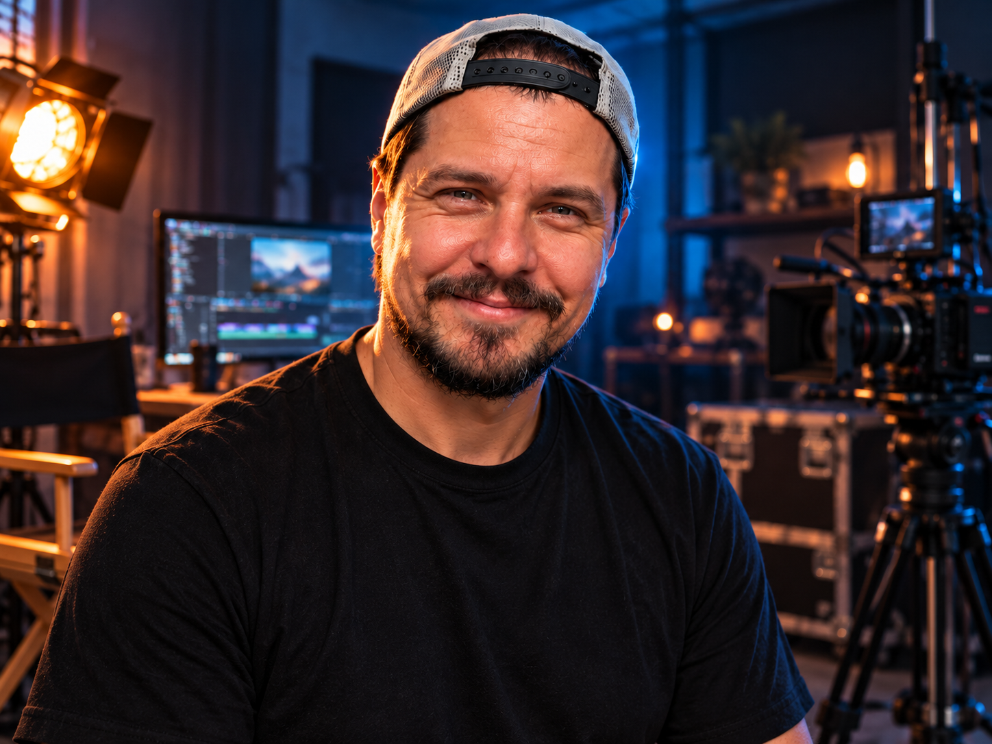 Adapted portrait of Serj Zotov in a filmmaking studio